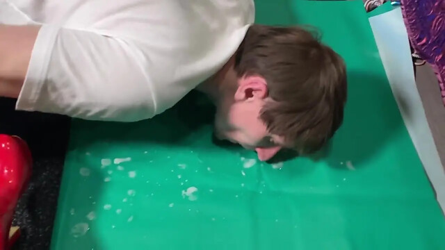 Mistress spits on slave and makes him lick her juices