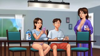 Horny MILF Landlady Caught Sucking off Huge Dick under the table Next To His GF - Summertime Saga