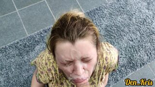 Cute girl gives blowjob and gets fucked in anal to get a lot of cum on her face