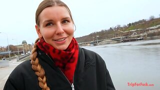 Sperm drips from her Euro-hair bun