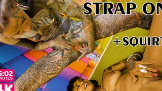 Tattoo Lesbians Hard Fuck with Strap-on - Squirting and Piss