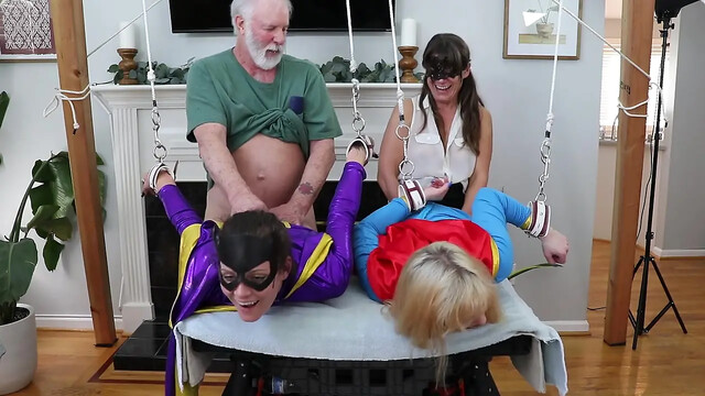 Old man fucks SuperGirl and BatGirl in cosplay roleplay