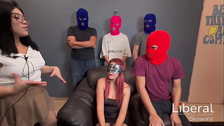 Skinny hotwife playing spin the bottle with singles and her cuckold husband, sucking everyone's dick