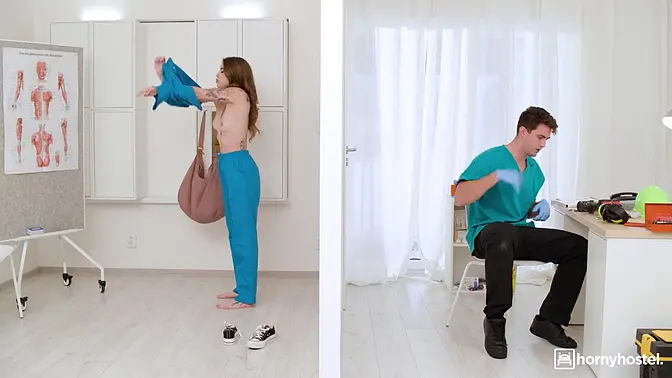 2 NURSES get ANAL CREAMPIE and share cock in Break Room