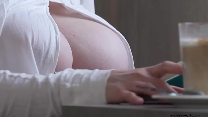 9 Months Pregnant Babe submits in public, saggy boobs bounce