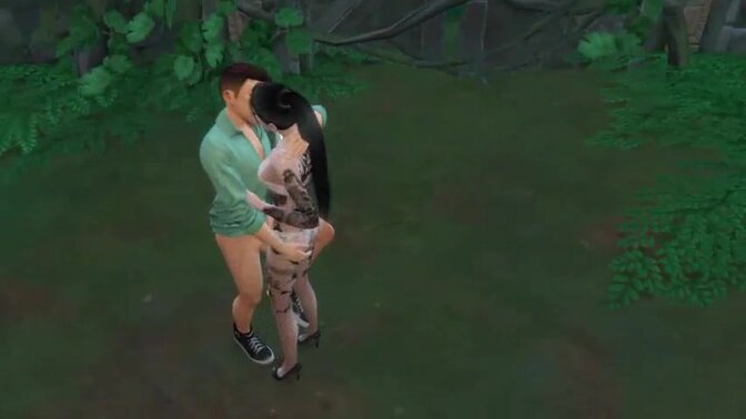 A powerful athlete dragged a gentle Asian woman in stockings into the forest and roughly fucked her