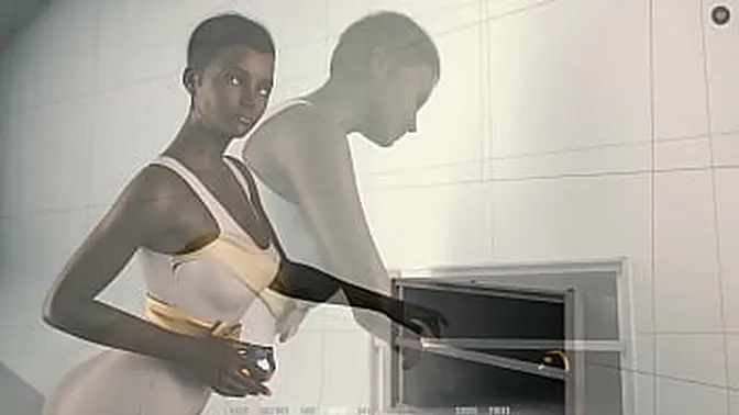 Alien babe with huge tits eagerly sucks big white cock