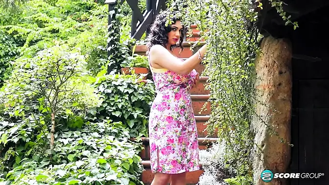 Alluring brunette seduces with big boobs and soft sight