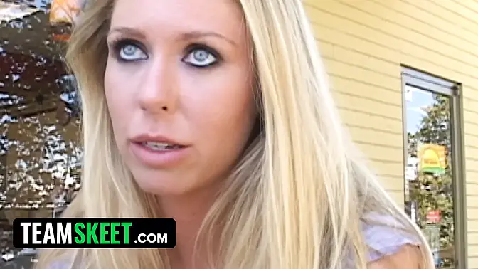 Amateur blonde teen rubs pussy in public for boyfriend