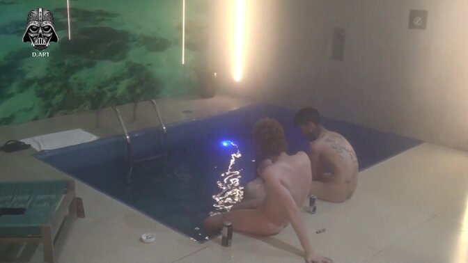 Amateur Brazilian babes enjoy a steamy motel pool threesome