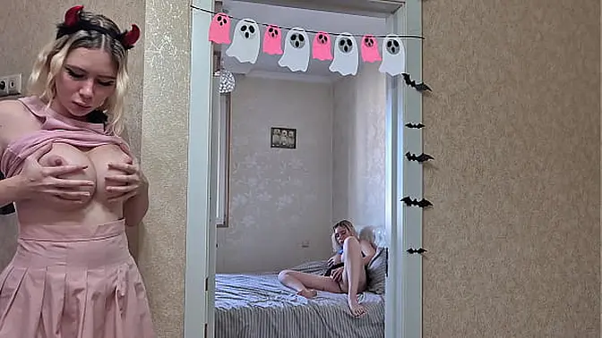 Amateur girlfriends caught in lesbian toy play - Halloween 2025