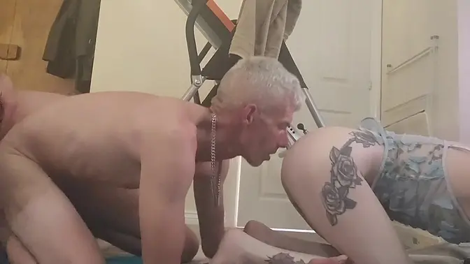 Amateur inked threesome with strap on and bondage