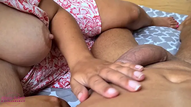 Amateur stepsister jerks brother's big cock, makes him leak precum before huge cumshot