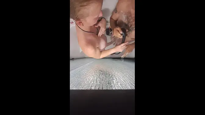 Amateur wife sucks hubby's hard cock in the shower