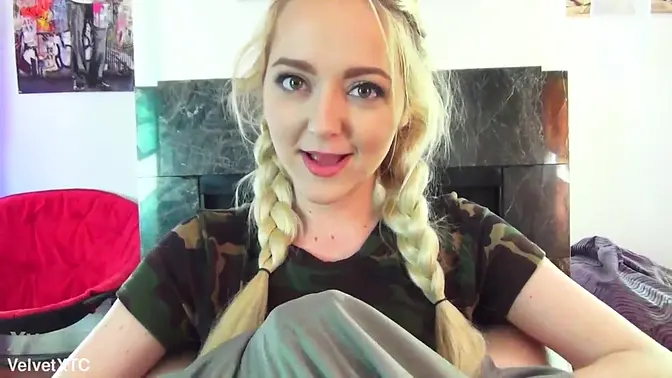 Babe with green eyes shows off natural tits in POV handjob