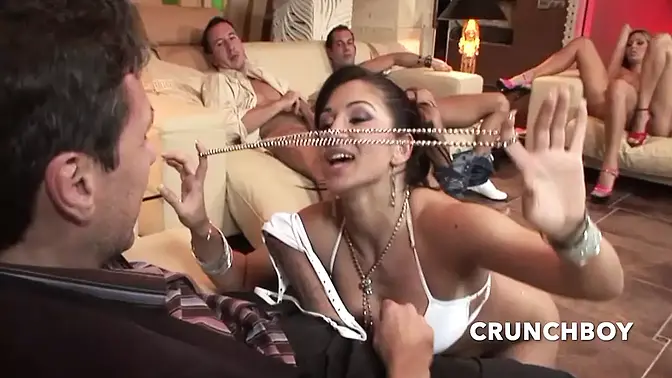 Barebacked babe gets gang banged and her ass licked