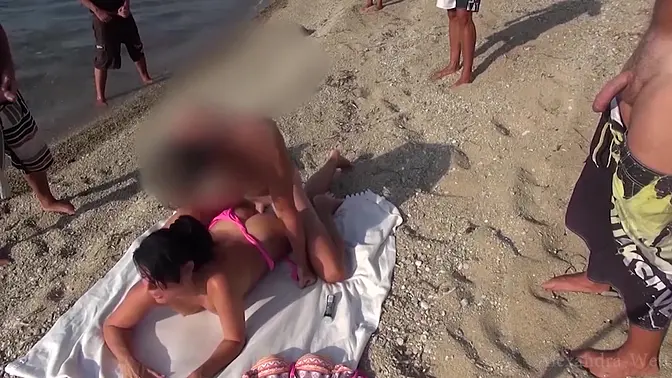 Beach babe Alexandra Wett takes multiple cumshots in public gangbang