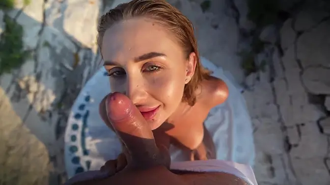 Beach Babe gets deep throat and facial from big cock