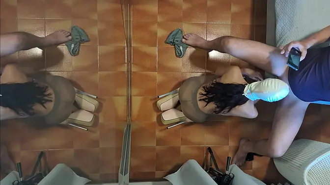 Big Ass Latina MILF swallows cum in high heels and pantyhose