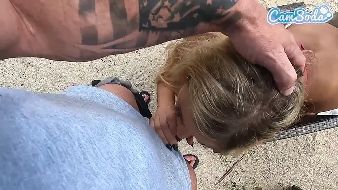 Big Tits MILF Spitroasted and Facialized in Rough Beach Threesome