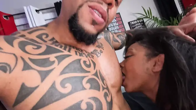 Big-titted ebony babe enjoys double dipping in chocolate