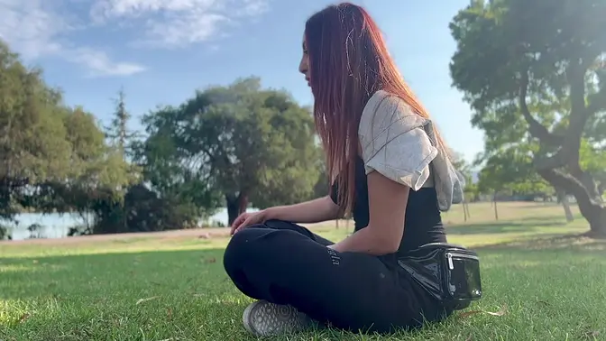 Big-titted Italian MILF smokes 420 in public park