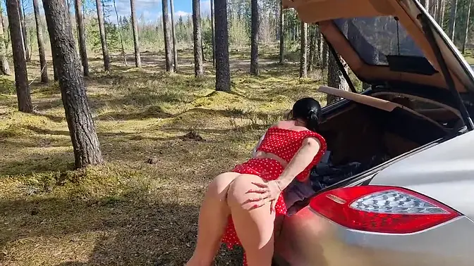 Big-titted MILF caught fucking in the forest