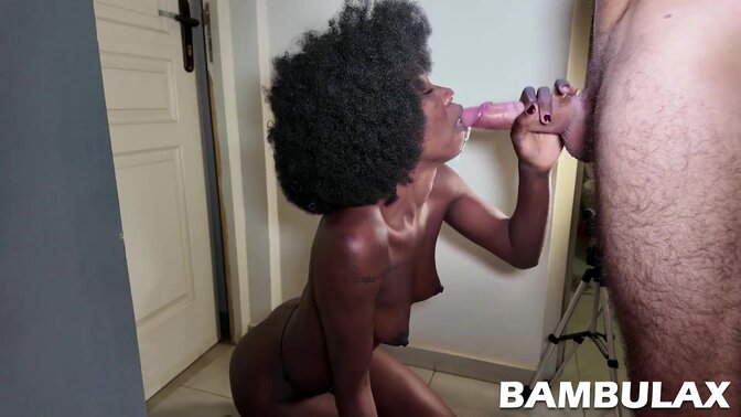 Black beauty gives sloppy wet BJ to her white spouse