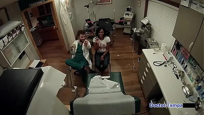 Black doctor examines big tit Latina's wide hips and ass