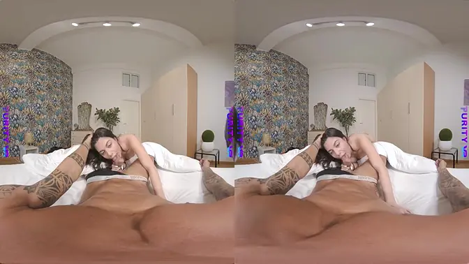 Black-haired beauty Elena Spano gives first-time anal blowjob then rides cock in VR