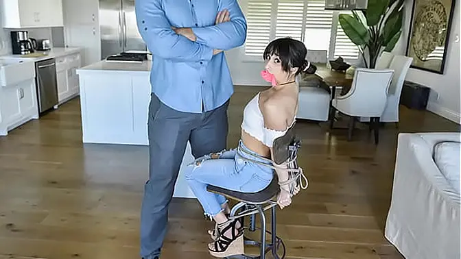 Black-haired teen gives a blowjob and rides cock in various positions