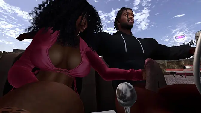 Black man's big cock pleases ebony woman at drive-in
