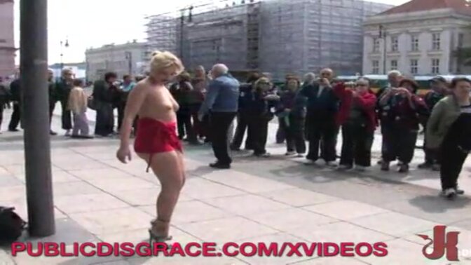 Blindfolded blonde gets publicly fucked