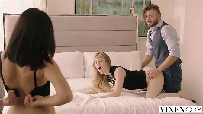 Blond nympho gets double creampied in wild threesome