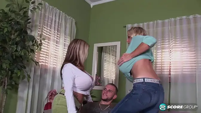 Blonde and brunette babe stretch sweaters with big white cock