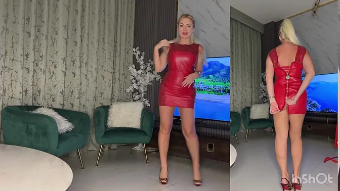 Blonde bombshell tries on red mini dresses, gets naked and shows off her body