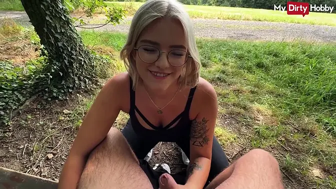 Blonde cutie Anna deepthroats and gets fucked outdoors