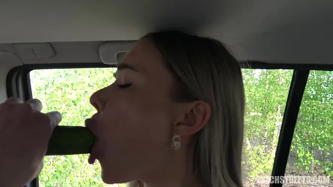 Blonde Czech girl sucks cock in a public car for money