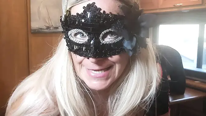 Blonde Domme humiliates and fists his ass in the motorhome