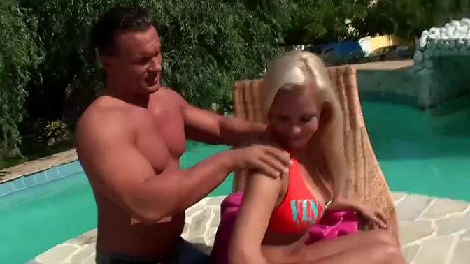 Blonde gets DP and gangbanged poolside