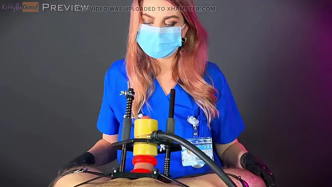Blonde nurse milks patient's cock with medical machine
