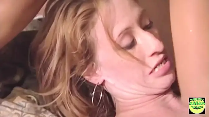 Blonde shares her man with fabulous Asian in steamy threesome