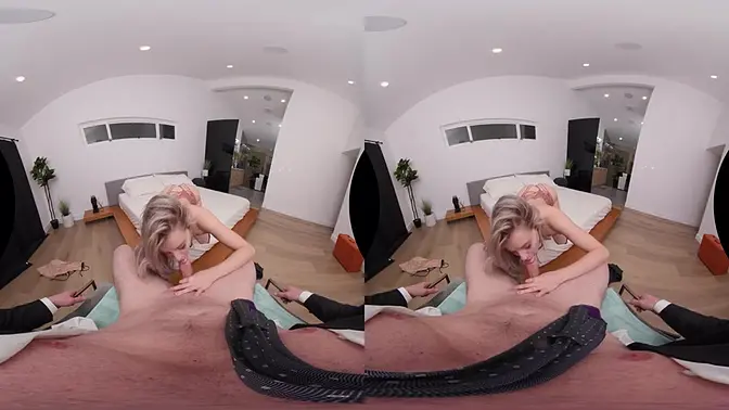 Blonde sweetheart Haley Reed gives a handjob and blowjob