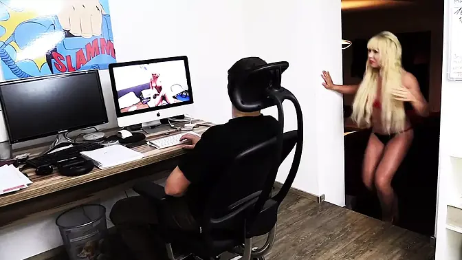 Blonde wife catches hubby jerking off