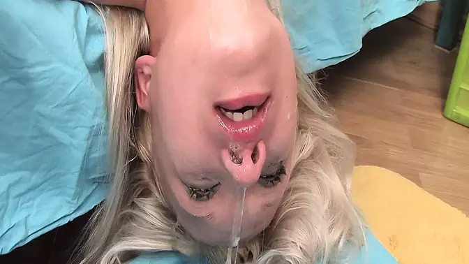 Blondie sucks huge cock deep in her throat