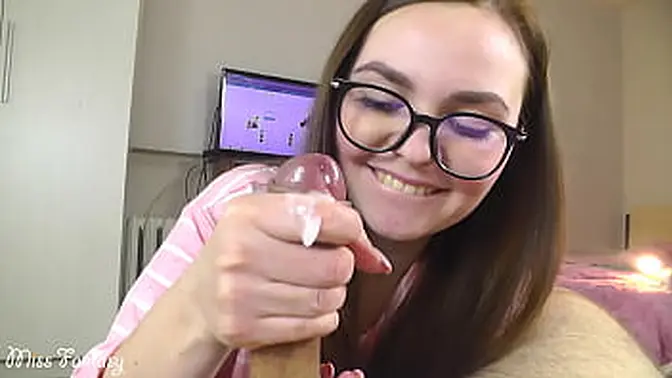 Blowjob and handjob from cutie in glasses a lot of sperm