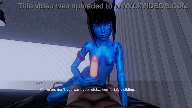 Blue Demon rides big cock in animated hentai game