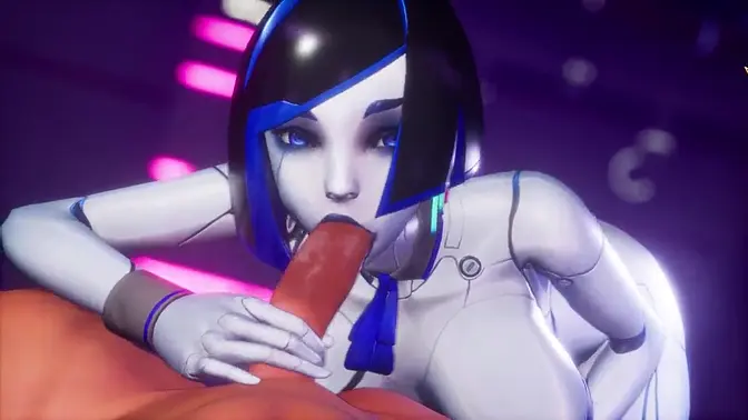 Blue-haired android girl gives a sensual blowjob in a sci-fi setting