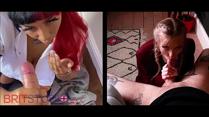 British babe competes in a sloppy blowjob race