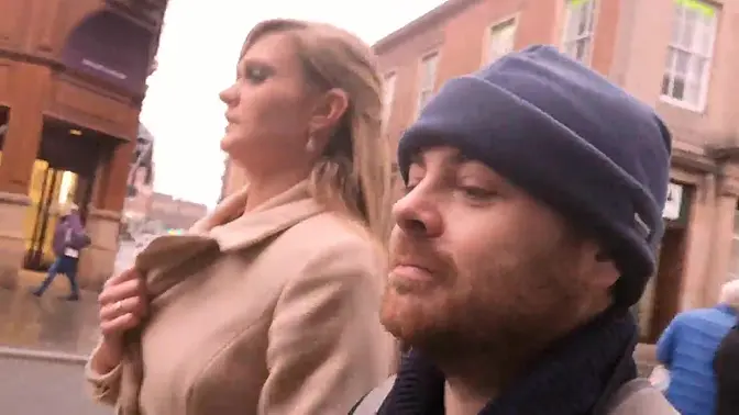 British babe flashes her big tits in public